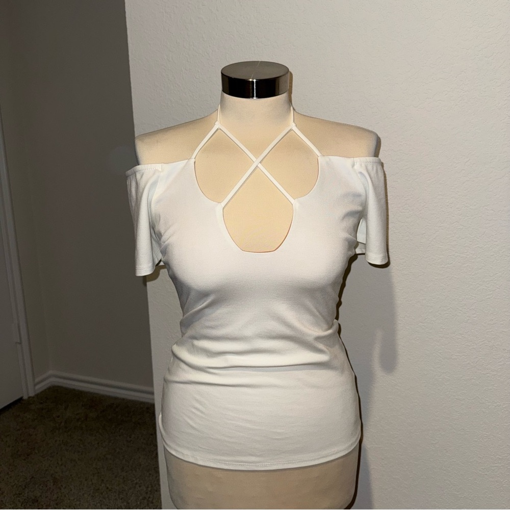 Cut Out Off-Shoulder White Halter Top